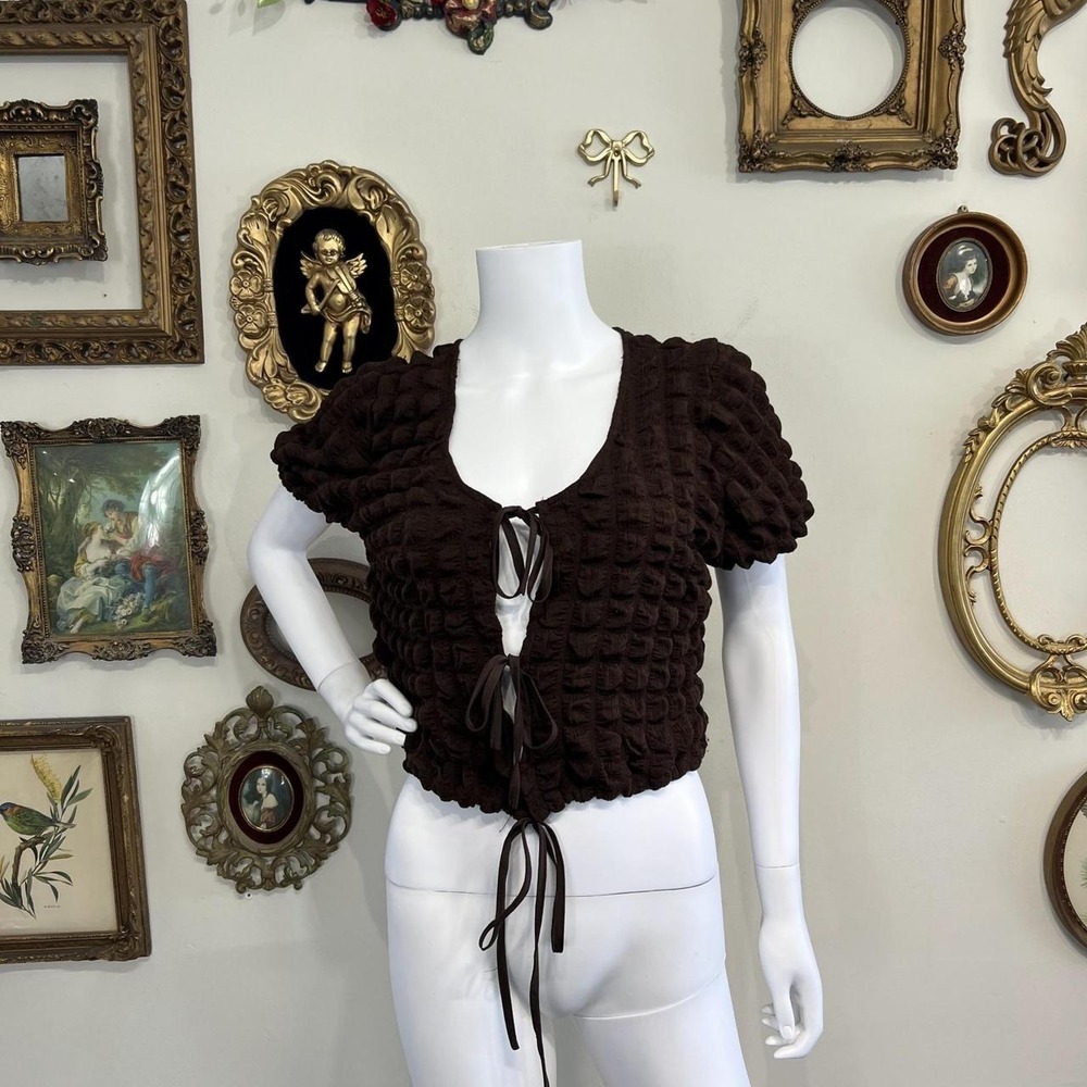 Find Me Now Brown Popcorn Texture Tie-Front Top